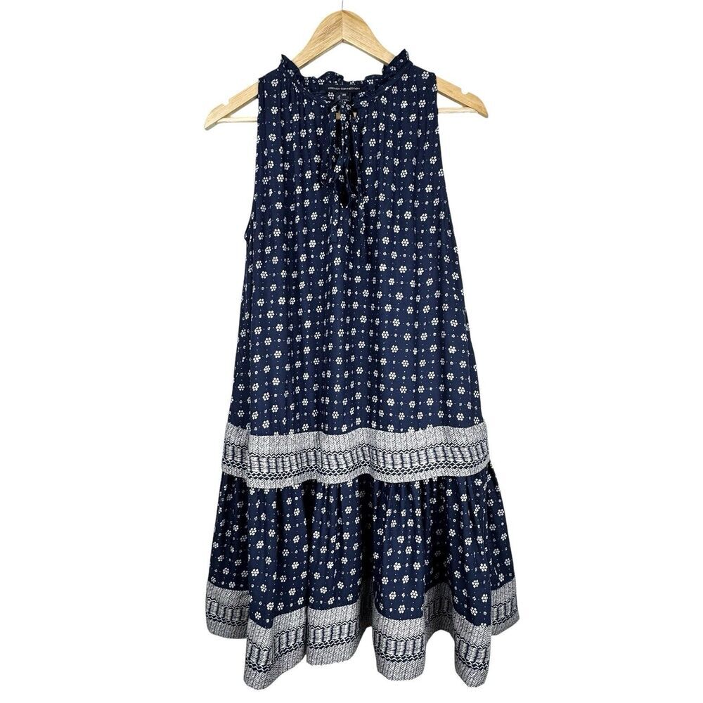 French Connection Dress XS Navy Floral High Neck Keyhole Peasant Boho Cottage - Picture 2 of 16